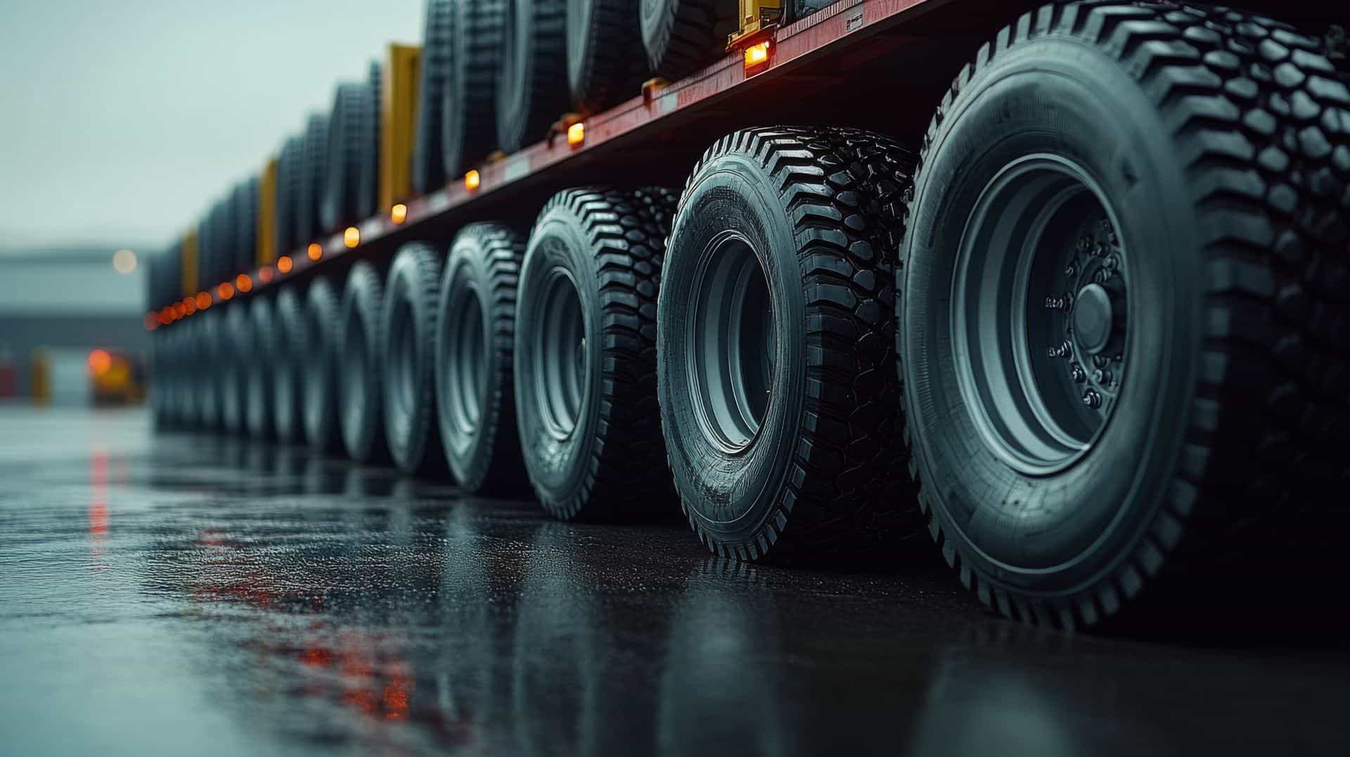Row of heavy-duty commercial tires ready for delivery